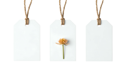 Three white price tags hanging with twine, one with a small, centered flower