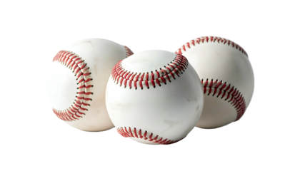 Three baseballs, white with red stitching, on a black background, lit from above