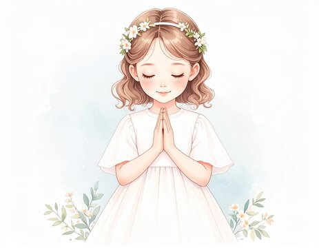 Girl First Communion watercolor illustration