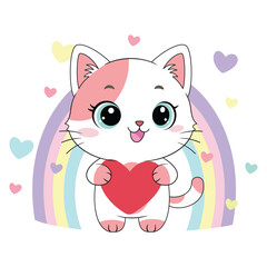 Cute Cartoon Kitten Holding Heart with Rainbow Love Theme
