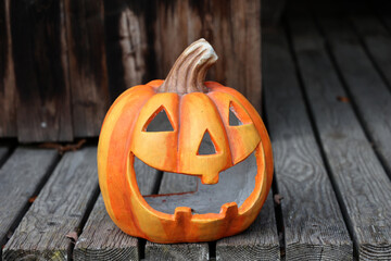 Decorative halloween pumpkin on a wooden floor