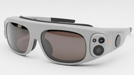 Modern smart glasses in a sleek light grey design featuring integrated cameras and sensors on the frame for augmented reality and recording isolated on a white background