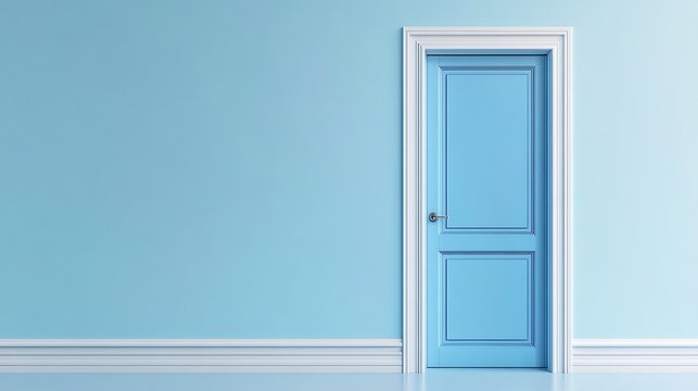 A light blue door with white trim stands alone in a room with matching blue walls