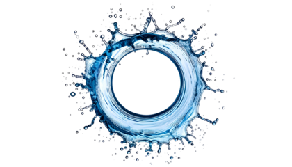 A ring of water droplets, surrounding a black circle, against a stark black background