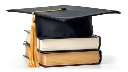 Graduation cap diploma and books on white background with academic success elements