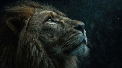 Majestic Lion Looking Up in Dramatic Light, Strength Courage and Wildlife Power Concept, Generative AI