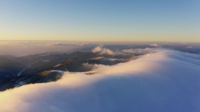 Cloud waves gently and slowly flow over the tops of snow-capped mountains covered with spruce forests at a cold sunset