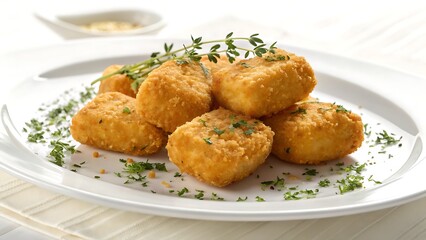Golden crispy chicken nuggets served in a simple and appealing presentation, ideal for restaurant menus and food advertising.