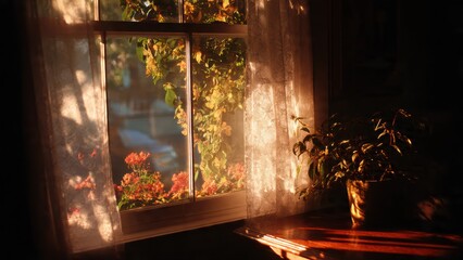 Sunlit Home Window with Indoor Plants and Glass Bottle, Cozy Natural Light and Calm Lifestyle Concept, Generative AI