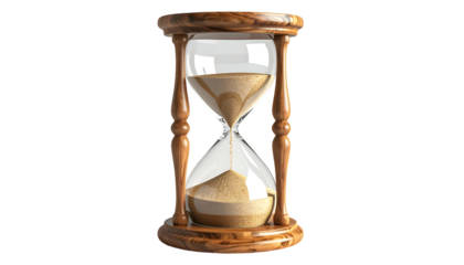 A classic hourglass made of glass and wood, with sand flowing down against a black background