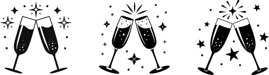 Cheers Champagne Glasses Illustration Set &ndash; Toasting Wine Icons with Sparkles | Holiday Celebration, Wedding Party, Anniversary, and Event Vector Design