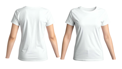 Front and back view of a plain white crew-neck t-shirt on a slender, pale-skinned figure