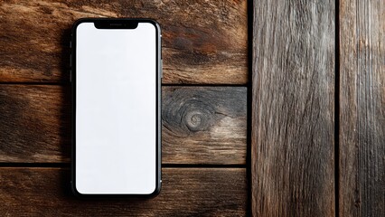 Smartphone with Blank White Screen on Rustic Wooden Table, Mobile Mockup and App Presentation Concept, Generative AI