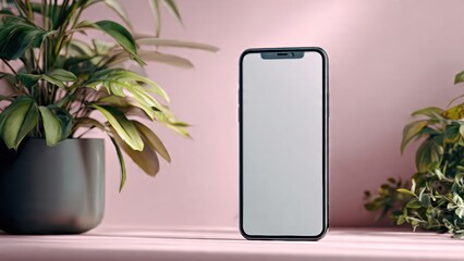Smartphone with Blank Screen Standing Between Indoor Plants on Desk, Minimal Mobile Mockup and Modern Workspace Concept, Generative AI
