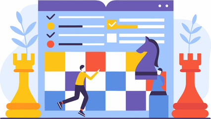 Chess strategy decision making and thoughtful planning illustration with game pieces © SayanKumar