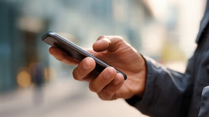 Hand Holding Mobile Phone Outdoors with Blurred Background, Digital Communication and Modern Lifestyle Concept, Generative AI