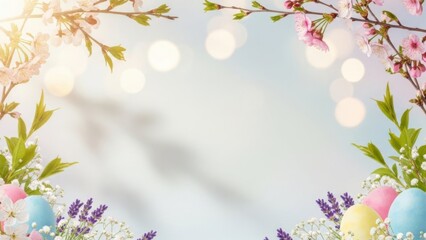 A festive Easter background with colorful eggs and flowers for springtime celebrations and marketing campaigns