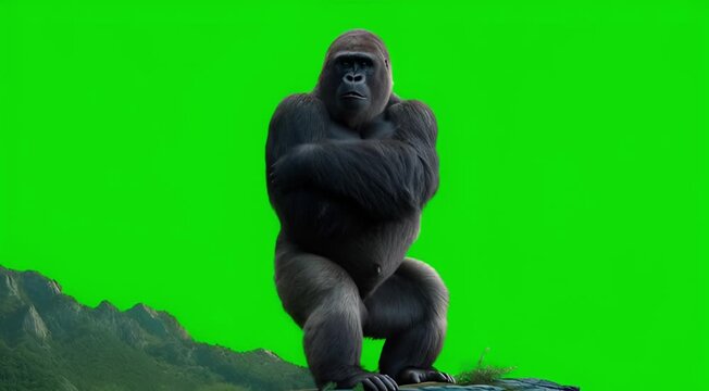 A majestic gorilla stands tall on a rocky outcrop with a lush green background