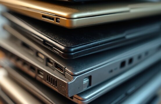 Stack of used laptops in various colors and models. Devices piled up for disposal or reuse. Collection of notebooks in different sizes and forms. Digital electronics clutter.