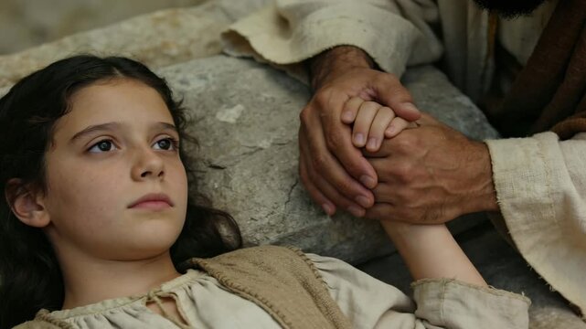 Resurrection of Jairus' daughter. Jesus Christ holding the hand of the child to restore her life. Biblical miracle Talitha Koum.