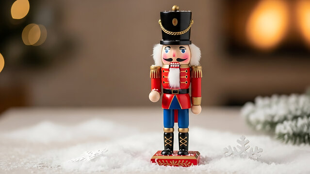 A traditional red and blue nutcracker stands on artificial snow.