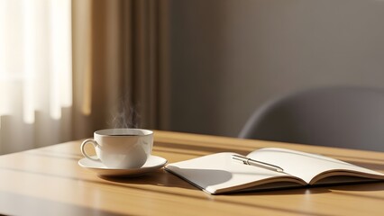 Steaming coffee cup and open notebook with pen on a sunlit wooden table.
