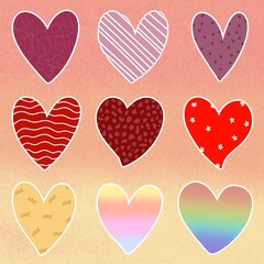 Set of cute heart stickers with white border and various patterns. Decorative romantic heart stickers with floral, striped, and gradient designs.