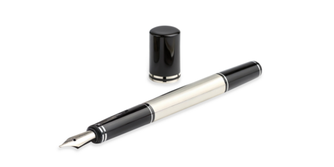 A sophisticated black and silver fountain pen is displayed with its cap removed and placed beside the body, all set against a pure transparent background. Ideal for showcasing fine writing tools.