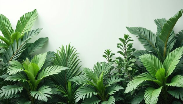 Variety of lush green tropical leaves arranged on a light clean background. Some plants have large fronds, others are bushy. Space for text and design elements is provided. - Powered by Adobe