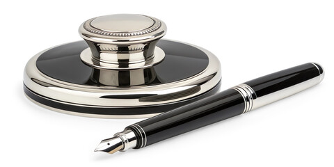 A polished, luxury writing set featuring an ornate silver inkwell with a black band detail, accompanied by a matching black and silver fountain pen resting beside it on a transparent background