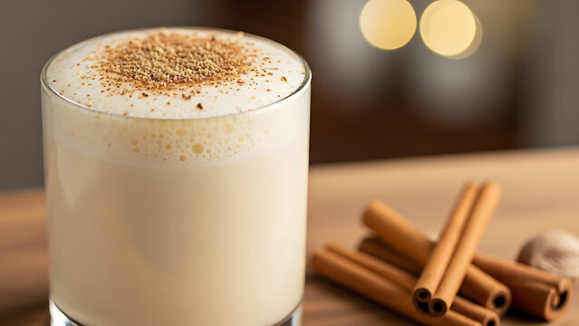 A glass of creamy eggnog topped with nutmeg and cinnamon sticks.