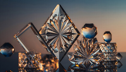 Abstract geometric crystal formations and spheres with intricate facets reflecting warm sunset light on a reflective surface in a minimalist composition