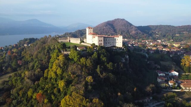 ANGERA, ITALY - 14 NOVEMBER 2023; Aerial view of the Rocca di Angera, Italy