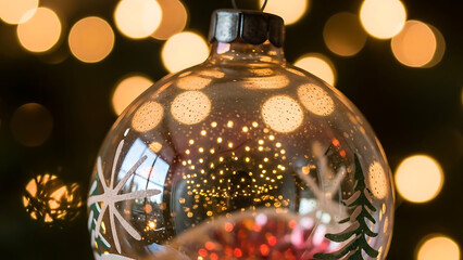 A close-up of a festive Christmas bauble reflecting warm bokeh lights.