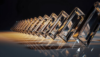 Abstract Geometric Sculpture with Reflective Glass Elements and Golden Light Reflections on a Dark Studio Background