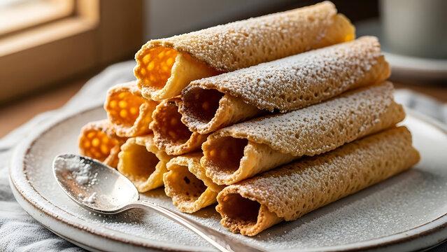 A stack of crispy Italian pizzelle cookies dusted with powdered sugar.