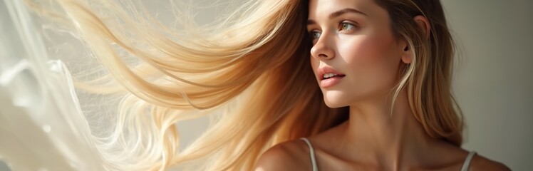 Beautiful young woman with long blond hair blowing gently in wind. Her face is turned to side, showing soft features and clear skin. Image has light, airy feel, suitable for beauty and fashion.