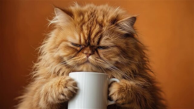 Fluffy Persian Cat Holding A Coffee Mug Against Orange Background. Funny sleepy tired orange cat with tangled fur holding a coffee cup, morning exhaustion, need for caffeine. I hate Mondays concept