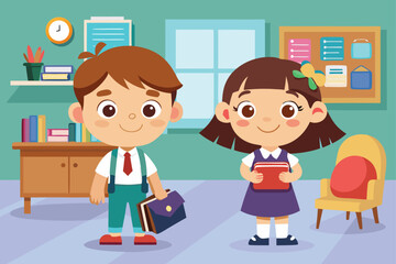 Cute School Children Standing in Classroom with Books