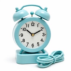 Blue Retro Alarm Clock with Power Cable Isolated on White Background, Time Management and Morning Wake Up Concept, Generative AI