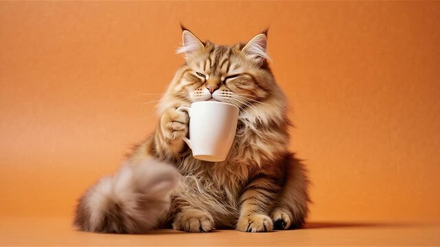 Fluffy Persian Cat Holding A Coffee Mug Against Orange Background. Funny sleepy tired orange cat with tangled fur holding a coffee cup, morning exhaustion, need for caffeine. I hate Mondays concept