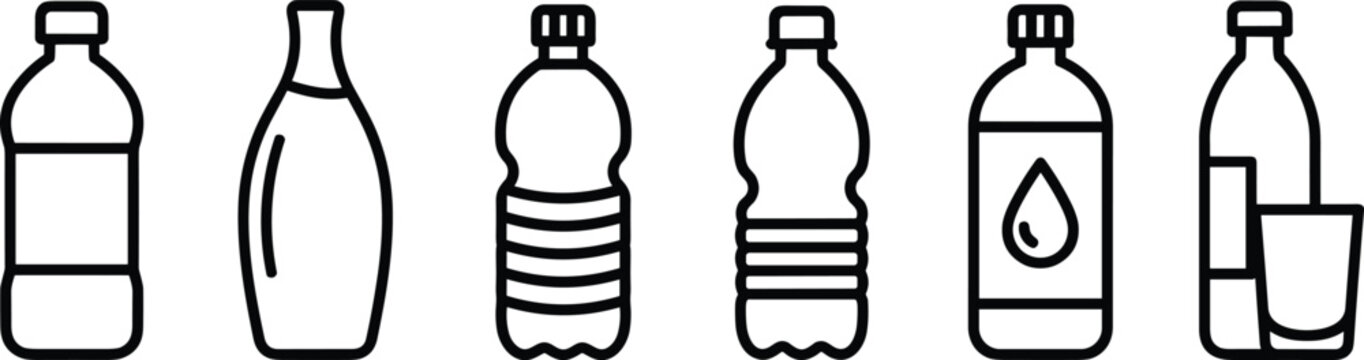 Plastic water bottle line icon set with various shapes mineral water containers and glass for healthy hydration design.