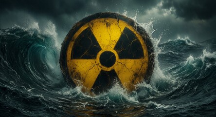 radioactive hazard symbol submerged in stormy ocean waves with splashing water and dramatic lighting.