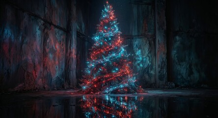 a vibrant christmas tree illuminated with blue and red lights stands in a gritty, abandoned industrial space with a wet floor reflection.