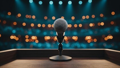 Public speaking concept: Professional microphone on stage with bright spotlights and bokeh lights from a blurred audience