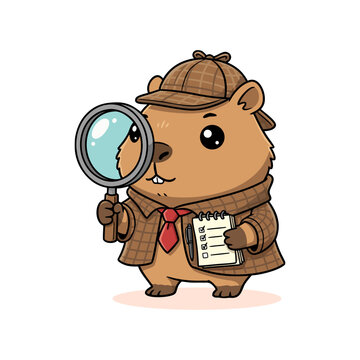 Cute Cartoon Detective Animal Character with Magnifying Glass and Notepad