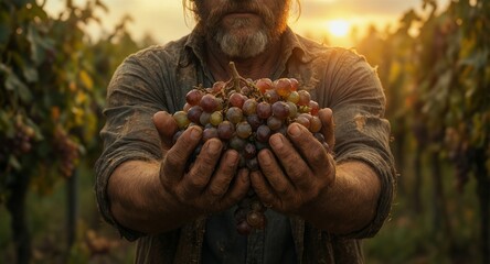 weathered hands holding a bountiful harvest of ripe grapes in a sunlit vineyard.