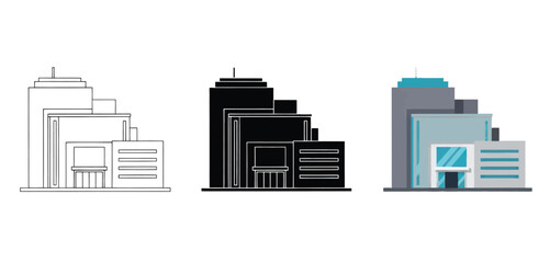 Modern Office Buildings Vector Set in Three Styles &mdash; Line Art, Silhouette and Color Version for Real Estate, Architecture and Property Design