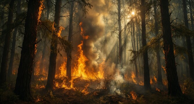 intense forest wildfire with towering flames and smoky haze during daytime