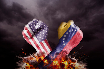 United States of America vs Venezuela war, crisis, country flags and fist